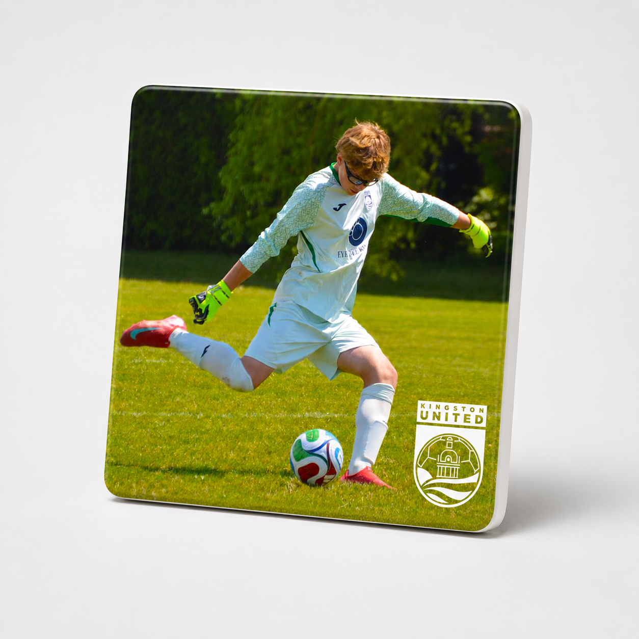 Kingston United ceramic Player Tile featuring a goalkeeper taking a kick